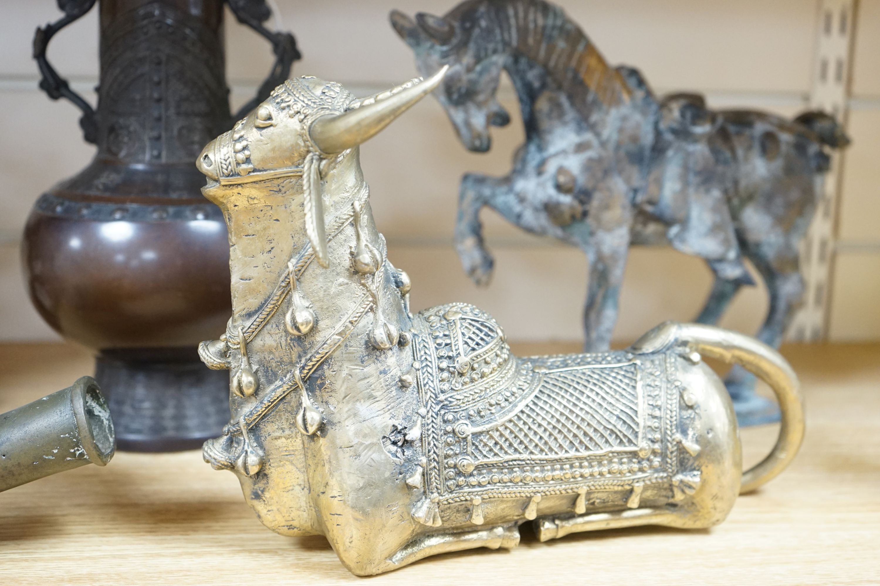 Two Tang style horses and other Asian metalware 29cm